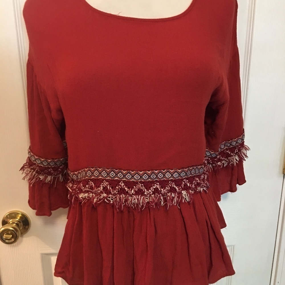 JOY JOY PULLON TOP SZ XS. BOHO FRAYED TRIM - Picture 5 of 9